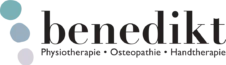 Logo Benedikt mit drei farbigen Kreisen links Schwarzschrift „benedikt“ darunter Physio Osteo und Handtherapie